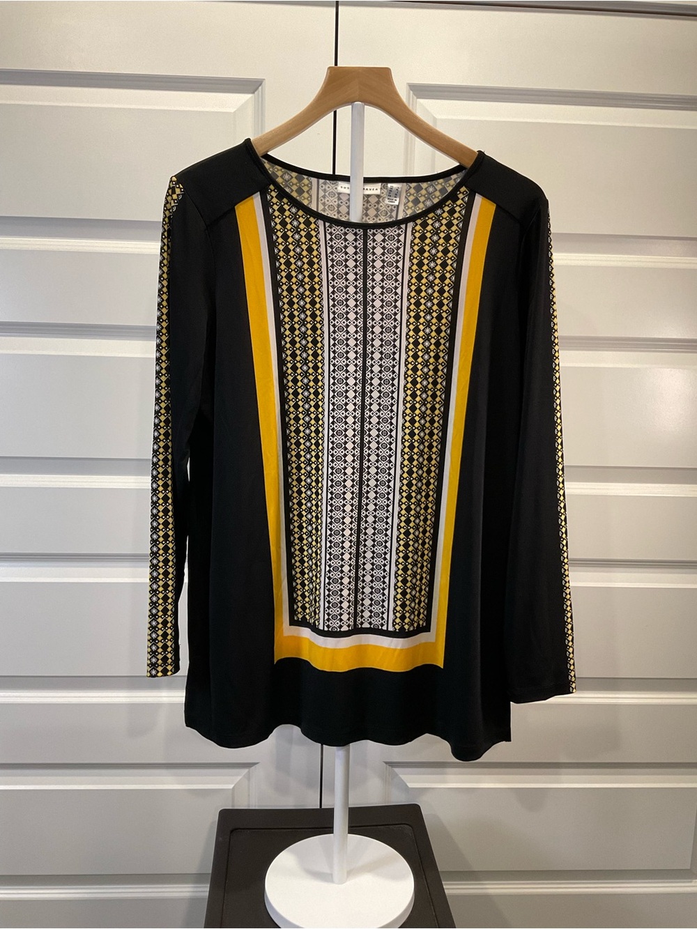 Susan Graver Black Long-Sleeve Tunic with Yellow & White Geometric Panels